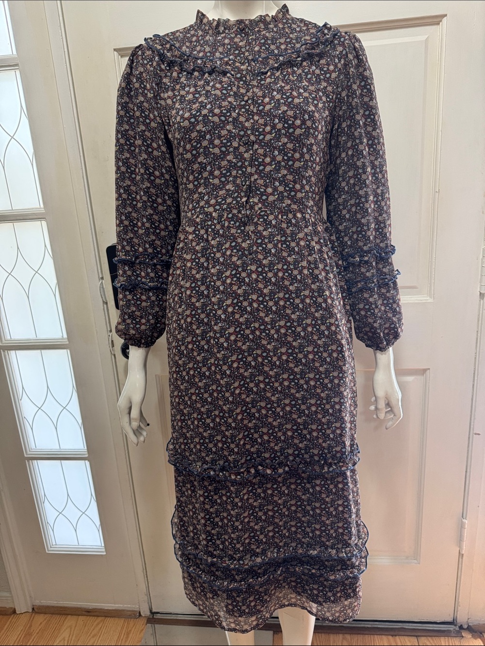 ROOLEE Floral Ruffle Midi in Navy Long Sleeve Dress Size Small